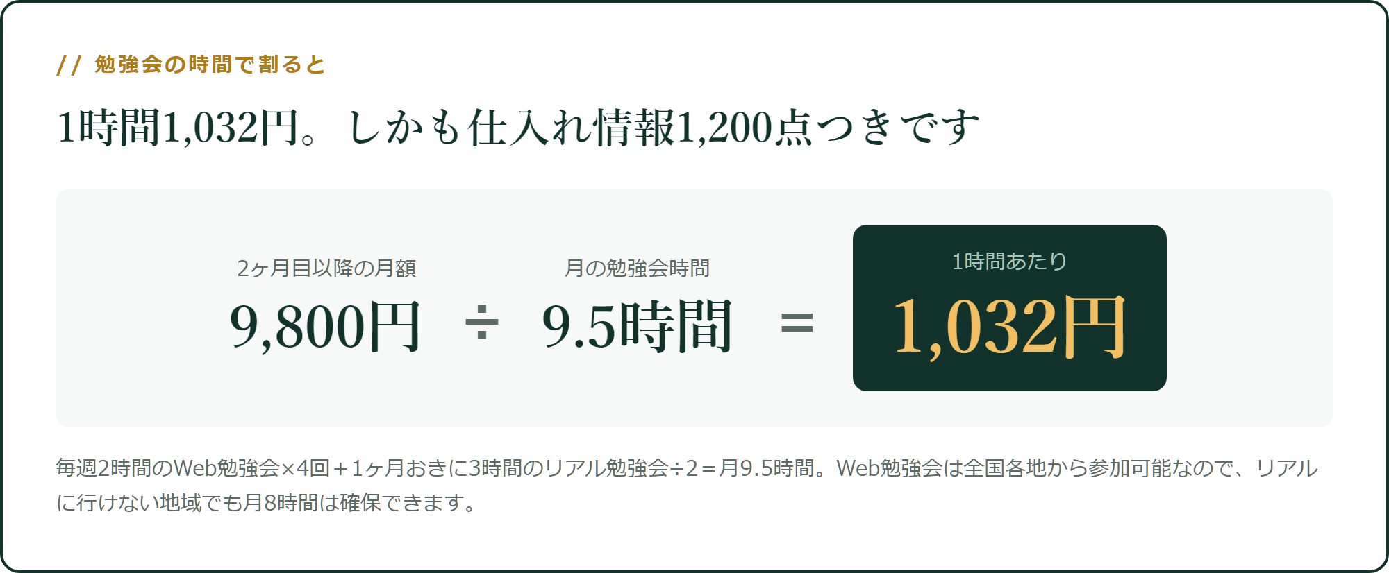勉強会の時間で割ると1時間1,032円です