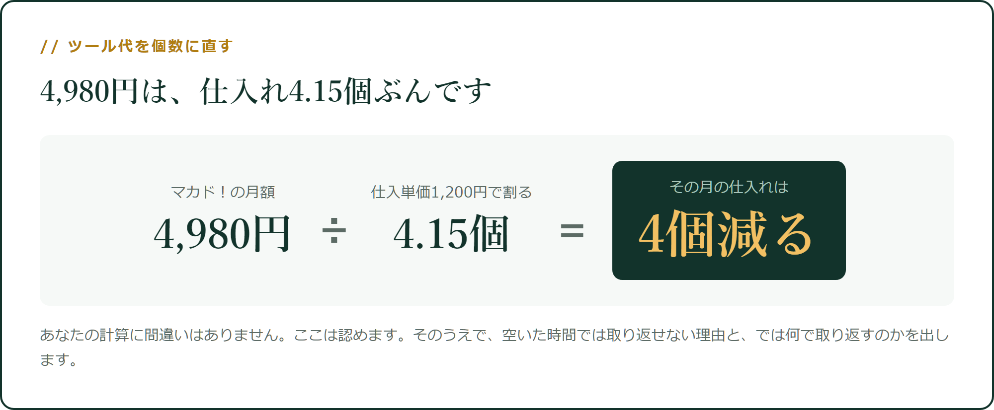 ツール代4,980円は、仕入れ4.15個ぶんです