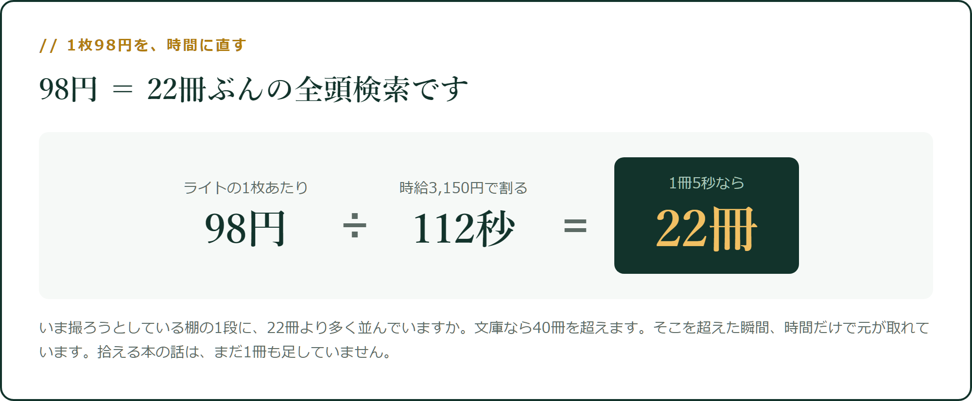 1枚98円を、全頭検索の冊数に直す