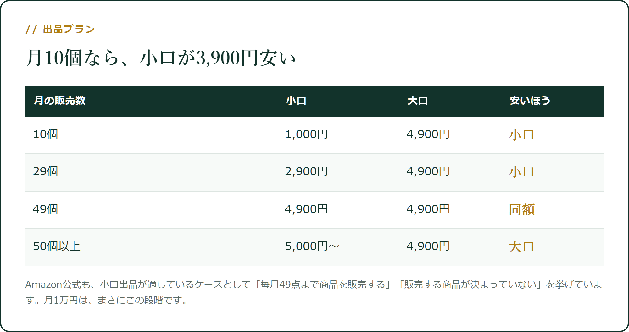 月10個なら小口が3,900円安い