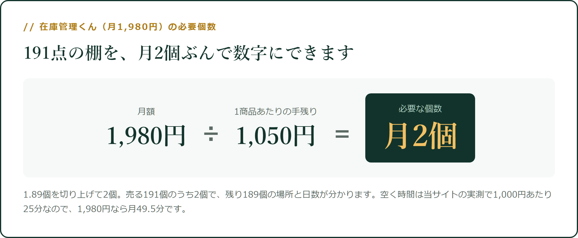 191点の棚を、月2個ぶんで数字にできます